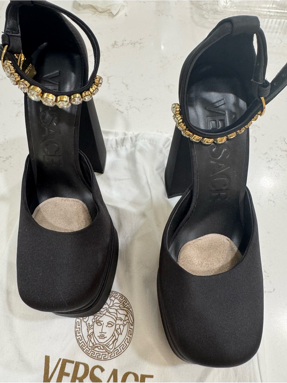 Versace Black Satin Block Heel Pumps with Gold Crystal Ankle Strap